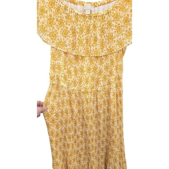 Michael Michael Kors Yellow Floral Midi Dress Sz XL Tie Waist Off Shoulder NEW - Picture 3 of 14